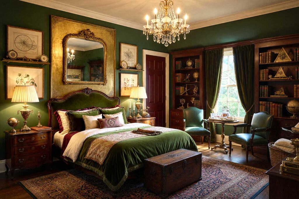 British Colonial Library Guest Bedroom with Deep Hunter Green Walls and Antique Brass Gold Accent Wall, sophisticated british colonial library guest bedroom deep hunter green walls antique brass gold accent wall burgundy wine door aged ivory ceiling dark hardwood flooring. A luxurious retreat in a Scottsdale neighborhood featuring a high-backed mahogany bed dressed in deep green velvet and cream silk, antique mahogany nightstands with brass lamps, floor-to-ceiling bookshelves displaying leather-bound books and vintage globes, campaign chairs upholstered in deep green leather, a large Persian rug in rich jewel tones, and ornate brass accents throughout. The room evokes the refined atmosphere of a private members' club, with warm afternoon sunlight casting dramatic shadows across the hunter green walls and highlighting the polished hardwood flooring and brass details, creating an atmosphere of timeless elegance and storied sophistication.