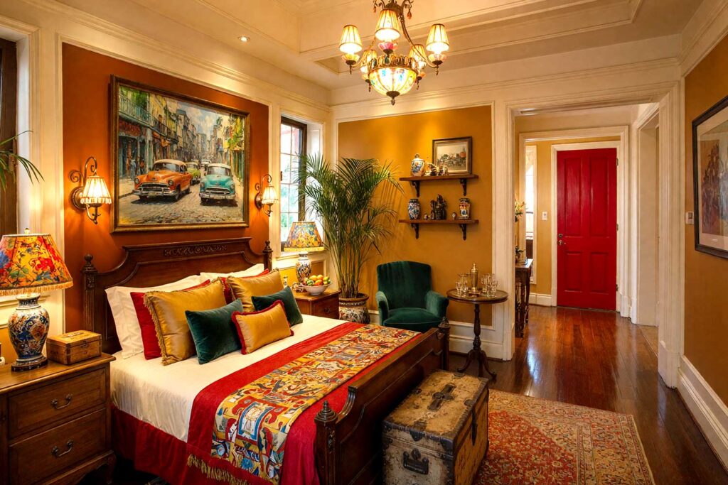Cuban Warmth Guest Bedroom with Aged Rum Walls and Burnt Sienna Accent Wall-6, vintage cuban warmth guest bedroom aged rum walls burnt sienna accent wall lipstick red door warm ivory ceiling dark mahogany flooring. A vibrant retreat in a Scottsdale neighborhood featuring a grand wooden bed dressed in luxurious earthy bedding, a large impressionist painting of a lively Havana street scene, and rustic nightstands adorned with colorful ceramic lamps. The room evokes warmth and charm, blending modern amenities with vintage Cuban flair, perfect for a relaxing getaway. Sunlight streams through large windows, casting playful shadows across the warm palette, creating an inviting atmosphere filled with energy and character.