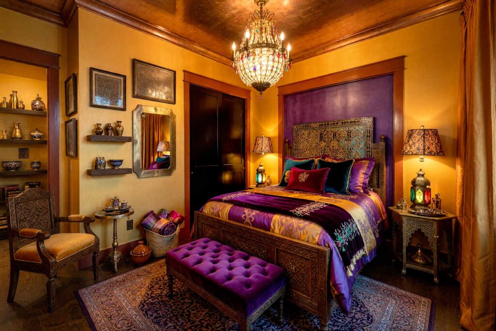 Dramatic Moroccan Guest Bedroom with Rich Saffron Gold Walls and Amethyst Accent-3, luxurious moroccan midnight guest bedroom saffron gold walls amethyst accent wall burnished copper ceiling midnight black door dark walnut flooring dramatic jewel-toned decor and intricate Moroccan patterns.