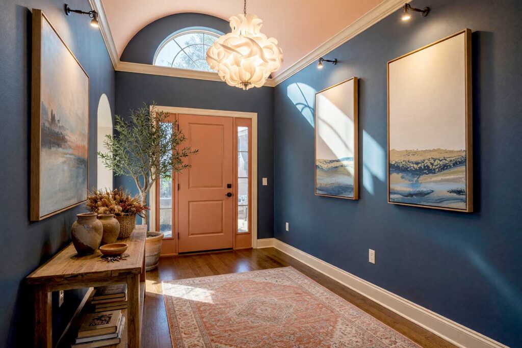 Earthy Maximalist Foyer with Aged Indigo Walls and Clay Coral Door-4, earthy maximalist foyer featuring aged indigo walls clay coral door warm sand trim and soft peach blush ceiling in a freshly painted Scottsdale neighborhood home. rustic decor includes wooden console table ceramic vases woven baskets and a plush terracotta area rug illuminated by strong morning sunlight casting warm angular shadows and bright highlights creating a welcoming and richly textured entrance, moody color, accent wall, accent ceiling, painted ceiling, tone-on-tone, bold color contrast, color palette, coordinating colors