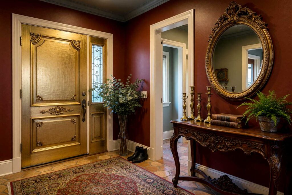 Grand Victorian Revival Foyer with Oxblood Red Walls and Hammered Gold Door-4, grand victorian revival foyer featuring oxblood red walls hammered gold door warm ivory trim and moody charcoal ceiling in a freshly painted Scottsdale neighborhood home. elegant decor includes antique brass candlesticks gilded mirror and a Persian-style rug illuminated by strong afternoon sunlight casting dramatic shadows and bright highlights for a bold and luxurious entrance, bold foyer paint colors, foyer paint color ideas, entryway paint colors, bold interior color choices, interior color choices, dark entryway colors, dark foyer colors, dark tones, moody entryway