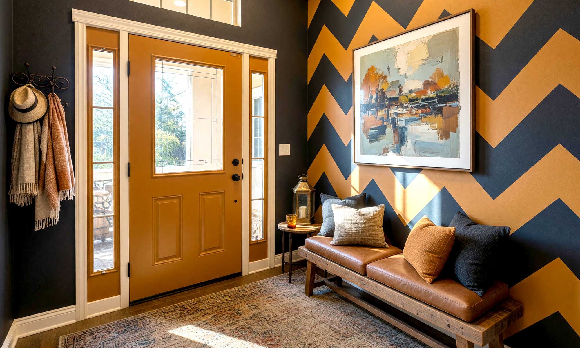 Graphic Lodge Foyer with Charcoal Walls and Oversized Warm Amber Chevron Accent-2-FEATURE, dramatic graphic lodge foyer showcasing deep matte charcoal walls with bold oversized warm amber chevron accent wall warm amber door and pale putty trim in a freshly painted Scottsdale neighborhood home. rustic and cozy décor including leather cushions woven scarves and an earthy area rug complement the strong moody lighting casting sharp shadows and bright highlights for a striking first impression, bold foyer paint colors, foyer paint color ideas, entryway paint colors, bold interior color choices, interior color choices, dark entryway colors, dark foyer colors, dark tones, moody entryway