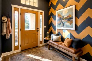 Graphic Lodge Foyer with Charcoal Walls and Oversized Warm Amber Chevron Accent-2-FEATURE, dramatic graphic lodge foyer showcasing deep matte charcoal walls with bold oversized warm amber chevron accent wall warm amber door and pale putty trim in a freshly painted Scottsdale neighborhood home. rustic and cozy décor including leather cushions woven scarves and an earthy area rug complement the strong moody lighting casting sharp shadows and bright highlights for a striking first impression, bold foyer paint colors, foyer paint color ideas, entryway paint colors, bold interior color choices, interior color choices, dark entryway colors, dark foyer colors, dark tones, moody entryway