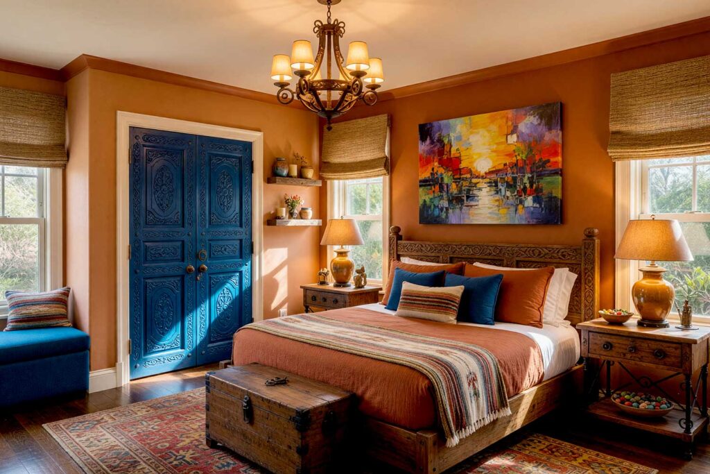 Hacienda Sunset Guest Bedroom with Terracotta Walls and Deep Sienna Accent Wall-1, hacienda sunset guest bedroom warm terracotta walls deep sienna accent wall cobalt blue door pale adobe cream ceiling dark hardwood flooring. A vibrant retreat in a Scottsdale neighborhood featuring a carved wooden bed draped in luxurious earthy bedding, a large canvas of a desert landscape, and rustic nightstands adorned with vintage lamps. The room evokes warmth and comfort, blending modern amenities with traditional Southwestern charm, perfect for a relaxing getaway.