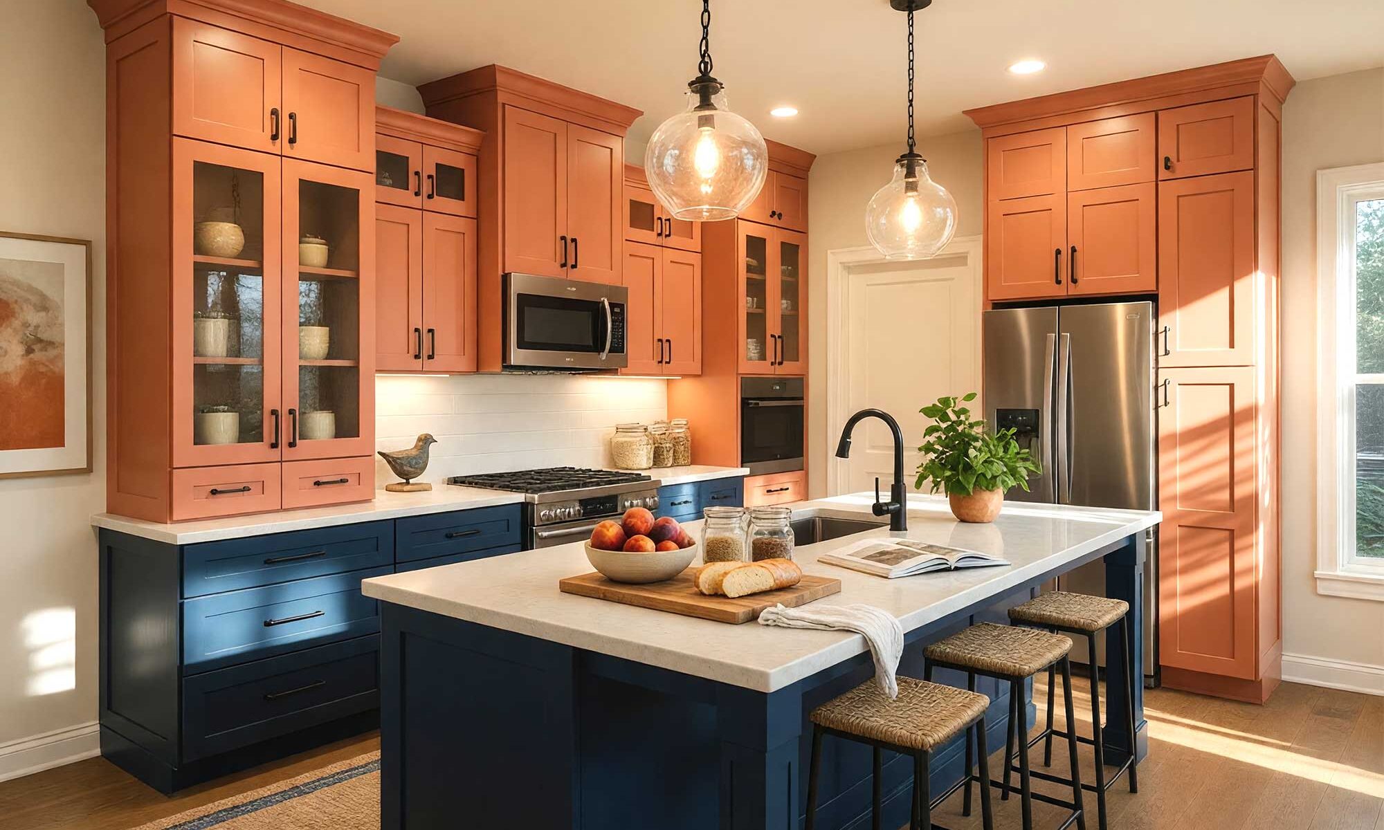 Kitchen with Dark Raw Denim and Warm Terra Peach Two-Toned Cabinets-5-FEATURE, a scottsdale neighborhood kitchen with shaker-style cabinets. the upper cabinets are painted in warm terra peach, while the lower cabinets are finished in dark raw denim. the combination creates a casual yet modern west coast vibe. décor includes a wooden cutting board, ceramic fruit bowl, potted plant, and abstract painting. sunlight streams in dramatically, enhancing the fresh and newly painted look, two-tone kitchen cabinets, dual-tone kitchen cabinets, two-color kitchen cabinets, contrasting kitchen cabinets, multi-colored kitchen cabinets