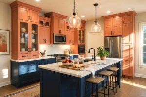 Kitchen with Dark Raw Denim and Warm Terra Peach Two-Toned Cabinets-5-FEATURE, a scottsdale neighborhood kitchen with shaker-style cabinets. the upper cabinets are painted in warm terra peach, while the lower cabinets are finished in dark raw denim. the combination creates a casual yet modern west coast vibe. décor includes a wooden cutting board, ceramic fruit bowl, potted plant, and abstract painting. sunlight streams in dramatically, enhancing the fresh and newly painted look, two-tone kitchen cabinets, dual-tone kitchen cabinets, two-color kitchen cabinets, contrasting kitchen cabinets, multi-colored kitchen cabinets