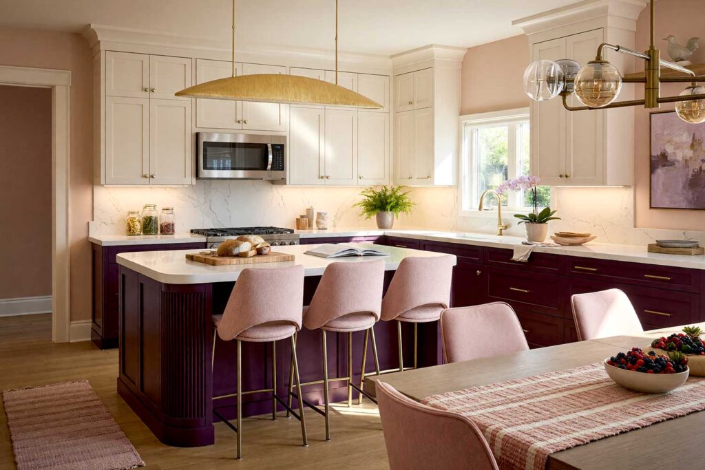 Kitchen with Deep Aubergine and Pale Champagne Two-Toned Cabinets-4, a luxurious scottsdale neighborhood kitchen with shaker-style cabinets painted in deep aubergine and pale champagne. warm blush walls and ivory ceiling complement creamy white trim and natural oak flooring. décor includes a wooden cutting board, ceramic berry bowl, potted plants, and abstract artwork. dramatic sunlight and moody lighting enhance the elegant and romantic atmosphere, two-tone kitchen cabinets, dual-tone kitchen cabinets, two-color kitchen cabinets, contrasting kitchen cabinets, multi-colored kitchen cabinets