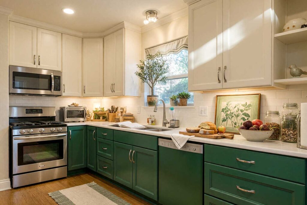 Kitchen with Deep Bottle Green and Warm Butter Cream Two-Toned Cabinets-1, a stunning scottsdale neighborhood kitchen with shaker-style cabinets painted in deep bottle green and warm butter cream. warm cream walls and pale ivory ceiling complement antique white trim and natural oak flooring. décor includes a wooden cutting board, ceramic fruit bowl, potted olive tree, and botanical artwork. dramatic sunlight and moody lighting enhance the fresh and inviting atmosphere, two-tone kitchen cabinets, dual-tone kitchen cabinets, two-color kitchen cabinets, contrasting kitchen cabinets, multi-colored kitchen cabinets