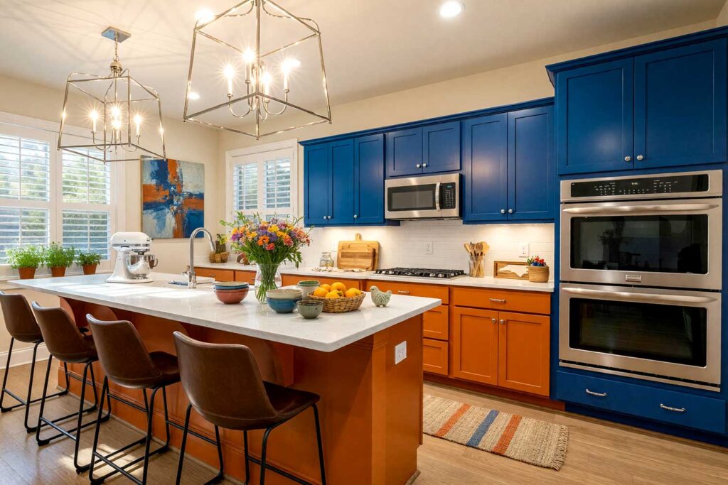 Kitchen with Deep Cobalt Blue and Spiced Paprika Orange Two-Toned Cabinets-1, a vibrant scottsdale neighborhood kitchen with recessed panel cabinets. the upper cabinets are painted in deep cobalt blue, while the lower cabinets are spiced paprika orange. the combination creates a bold yet harmonious vibe. décor includes a stand mixer, wildflower vase, basket of oranges, and herb garden. moody and dynamic sunlight enhances the fresh and newly painted look, two-tone kitchen cabinets, dual-tone kitchen cabinets, two-color kitchen cabinets, contrasting kitchen cabinets, multi-colored kitchen cabinets