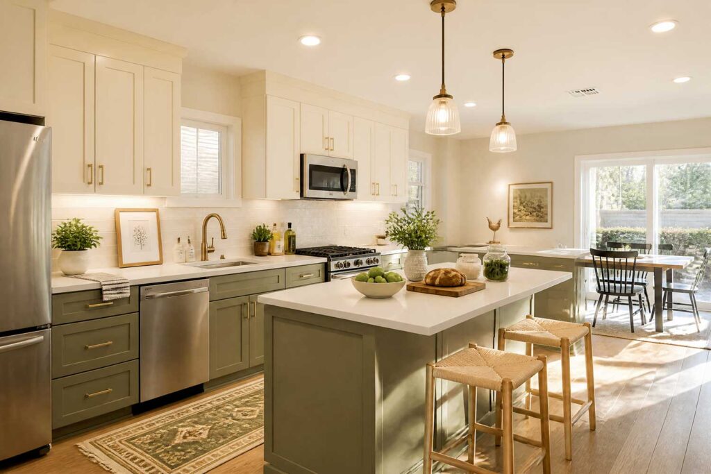 Kitchen with Deep Slate Olive and Pale Primrose Two-Toned Cabinets-5, a nordic-inspired scottsdale neighborhood kitchen with shaker-style cabinets. the upper cabinets are painted in pale primrose, while the lower cabinets are finished in deep slate olive. the combination creates a grounded yet airy space with earthy and luminous undertones. décor includes a wooden cutting board, ceramic fruit bowl, potted plant, and a framed minimalist print. sunlight streams in dramatically, enhancing the fresh and newly painted look, two-tone kitchen cabinets, dual-tone kitchen cabinets, two-color kitchen cabinets, contrasting kitchen cabinets, multi-colored kitchen cabinets