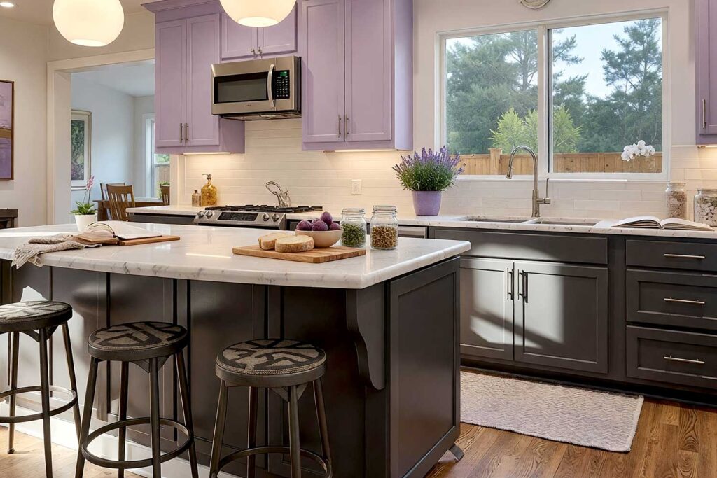 Kitchen with Deep Wenge and Soft Powder Lavender Two-Toned Cabinets-1, a stunning scottsdale neighborhood kitchen with shaker-style cabinets painted in deep wenge and soft powder lavender. warm soft white walls and pale lavender-tinted ceiling complement warm white trim and natural oak flooring. décor includes a wooden cutting board, ceramic fruit bowl, potted lavender plant, and abstract artwork. dramatic sunlight and moody lighting enhance the fresh and inviting atmosphere, two-tone kitchen cabinets, dual-tone kitchen cabinets, two-color kitchen cabinets, contrasting kitchen cabinets, multi-colored kitchen cabinets