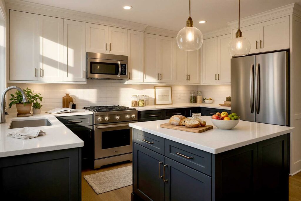 Kitchen with Graphite Charcoal and Warm Ivory Two-Toned Cabinets-3, a balanced and modern scottsdale neighborhood kitchen with shaker-style cabinets. the upper cabinets are painted in warm ivory, while the lower cabinets are deep graphite charcoal. soft warm greige walls and crisp white trim complement natural oak flooring. décor includes a wooden cutting board, ceramic fruit bowl, potted plants, and minimalist artwork. dramatic sunlight and moody lighting enhance the fresh and inviting atmosphere, two-tone kitchen cabinets, dual-tone kitchen cabinets, two-color kitchen cabinets, contrasting kitchen cabinets, multi-colored kitchen cabinets