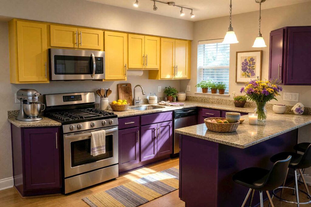 Kitchen with Marigold and Amethyst Cabinets-4, a refined scottsdale neighborhood kitchen with recessed panel cabinets. the upper cabinets are marigold yellow, and the lowers are deep amethyst purple. soft greige walls and antique white trim complement the natural oak flooring. décor includes a stand mixer, wildflowers, herb garden, and ceramic bird sculpture. dramatic sunlight and moody lighting enhance the fresh and inviting space, two-tone kitchen cabinets, dual-tone kitchen cabinets, two-color kitchen cabinets, contrasting kitchen cabinets, multi-colored kitchen cabinets