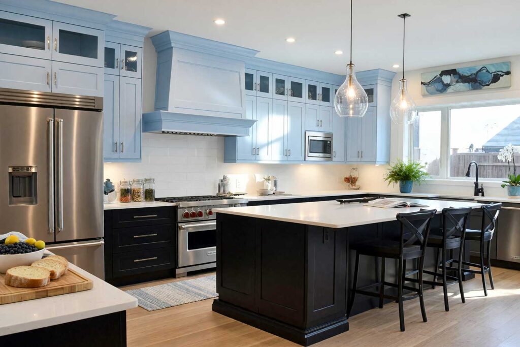 Kitchen with Midnight Black and Powder Blue Two-Toned Cabinets-5, a visually stunning scottsdale neighborhood kitchen with shaker-style cabinets painted in midnight black and powder blue. crisp white walls and very pale sky blue ceiling complement bright white trim and light oak flooring. décor includes a wooden cutting board, ceramic fruit bowl, potted plants, and abstract artwork. dramatic sunlight and moody lighting enhance the sharp and intentional atmosphere, two-tone kitchen cabinets, dual-tone kitchen cabinets, two-color kitchen cabinets, contrasting kitchen cabinets, multi-colored kitchen cabinets