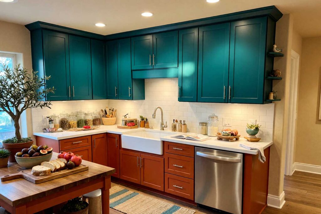 Kitchen with Peacock Teal and Burnt Sienna Two-Toned Cabinets-2, a refined scottsdale neighborhood kitchen with shaker-style cabinets painted in peacock teal and burnt sienna. warm sand walls and creamy white ceiling complement warm white trim and natural oak flooring. décor includes a wooden cutting board, ceramic fruit bowl, potted olive tree, and mediterranean artwork. dramatic sunlight and moody lighting enhance the fresh and composed atmosphere, two-tone kitchen cabinets, dual-tone kitchen cabinets, two-color kitchen cabinets, contrasting kitchen cabinets, multi-colored kitchen cabinets