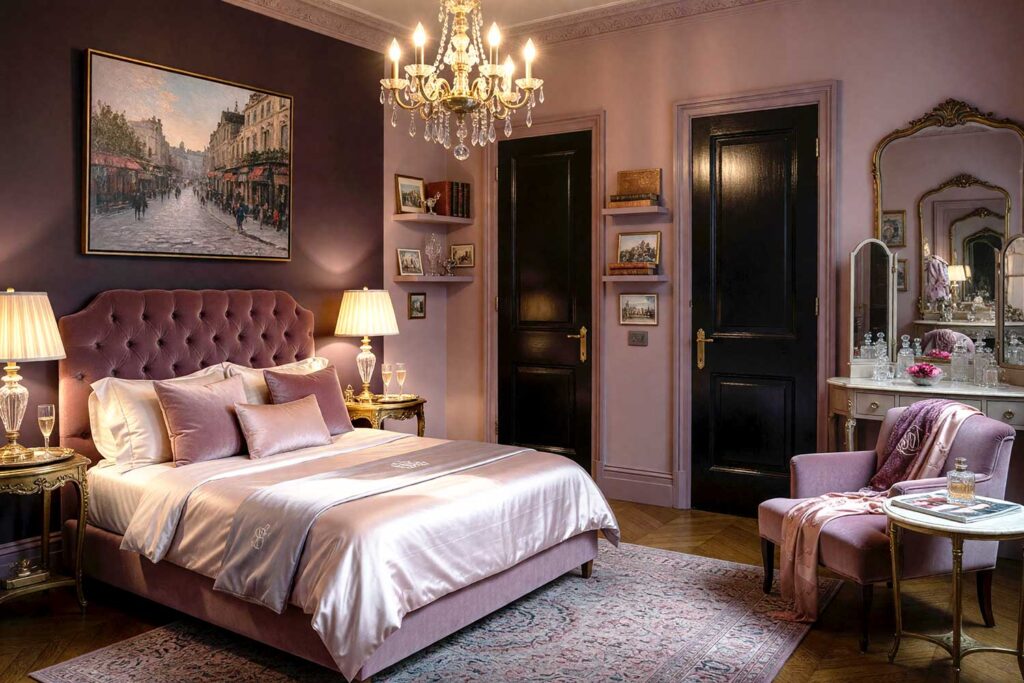 Luxurious Parisian Boudoir Guest Bedroom with Dusty Mauve Walls and Charcoal Plum Accent Wall, luxurious parisian boudoir guest bedroom dusty mauve walls charcoal plum accent wall noir door antique pearl ceiling dark herringbone flooring. A romantic Parisian retreat in a Scottsdale neighborhood featuring a tufted velvet headboard in charcoal plum, luxurious silk and satin bedding in dusty mauve and cream, ornate brass nightstands with crystal lamps, a velvet chaise lounge, and a decorative vanity with vintage perfume bottles. An impressionist painting of a Parisian street scene at dusk hangs above the bed, while a dramatic crystal chandelier casts warm, romantic light across the room. The moody atmosphere, combined with the soft putty gray trim and dark herringbone flooring, creates an intimate sanctuary that feels like a luxurious Parisian boudoir.