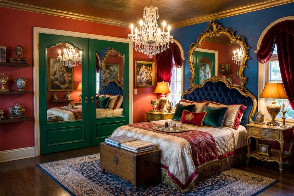 Luxurious Venetian Guest Bedroom with Venetian Red Walls and Gilded Bronze Ceiling-1, luxurious Venetian carnival guest bedroom Venetian red walls deep sapphire blue accent wall emerald green door gilded bronze ceiling dark walnut flooring dramatic lighting and luxurious decor inspired by a Venetian palazzo.