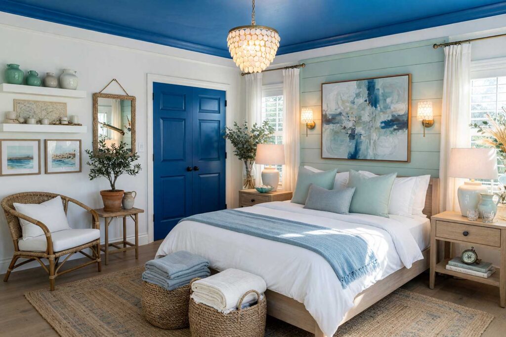 Mediterranean Coastal Guest Bedroom with White Walls and Seafoam Mint Accent Wall-6, vibrant mediterranean coastal guest bedroom weathered greek white walls seafoam mint accent wall cobalt blue door vivid sky blue ceiling light oak flooring. A coastal retreat in a Scottsdale neighborhood featuring a whitewashed platform bed with crisp white linens, a woven rattan armchair paired with a teak side table, floating shelves displaying pale ceramic vases and nautical-inspired decor, and a capiz shell chandelier. The vivid sky blue ceiling creates an airy, open feel reminiscent of the Aegean, while the cobalt blue door adds an unexpected pop of color. Strong sunlight streams through large windows, highlighting the textures of the woven jute rug and light oak flooring, evoking the breezy charm and sophisticated elegance of a Mediterranean coastal escape.