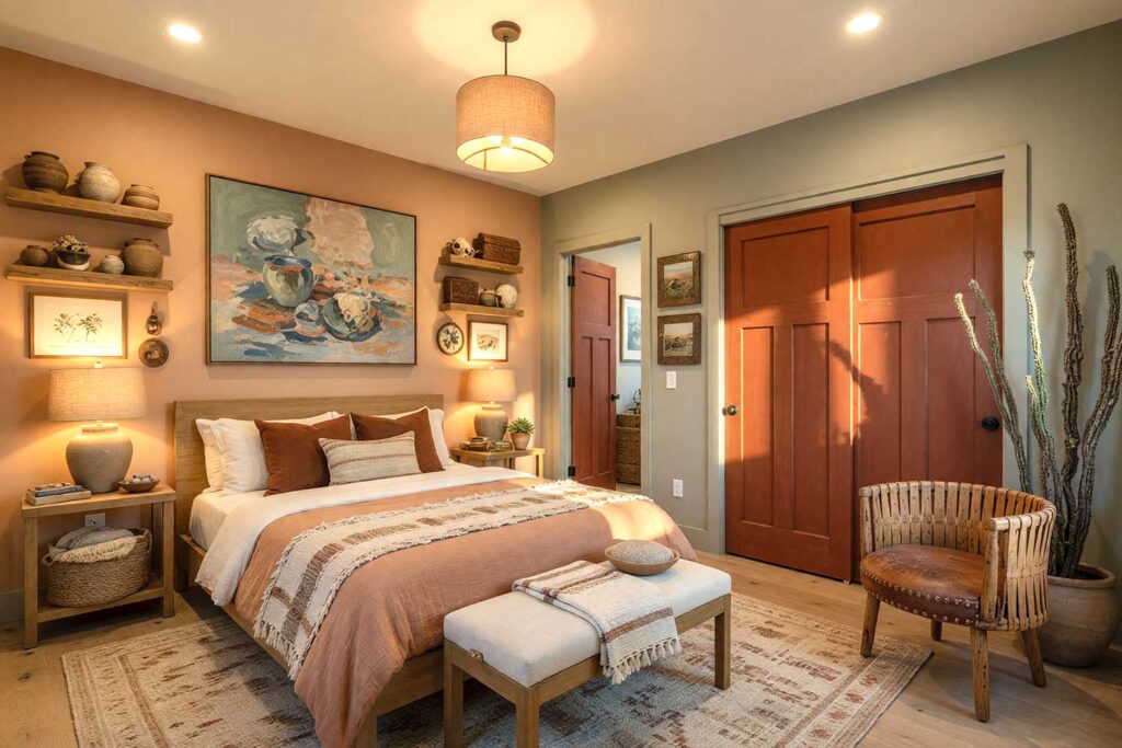 New Mexico Guest Bedroom with Muted Sage Walls and Dusty Canyon Peach Accent Wall-6, understated new mexico high desert guest bedroom muted sage walls dusty canyon peach accent wall weathered clay red door pale warm sand ceiling light oak flooring. A serene luxury retreat in a Scottsdale neighborhood featuring a minimalist wooden bed dressed in soft cream and dusty peach linens, simple wooden nightstands with warm ceramic lamps, a low wooden bench at the foot of the bed, and floating shelves displaying earth-toned pottery and leather-bound books. An impressionist painting of a desert landscape at golden hour hangs above the bed, while warm afternoon sunlight streams through large windows, casting soft shadows across the muted sage walls and dusty canyon peach accent wall. The room evokes the quiet luxury and natural beauty of the New Mexico high desert, creating an intentional sanctuary where guests feel transported to a timeless, sun-drenched landscape.