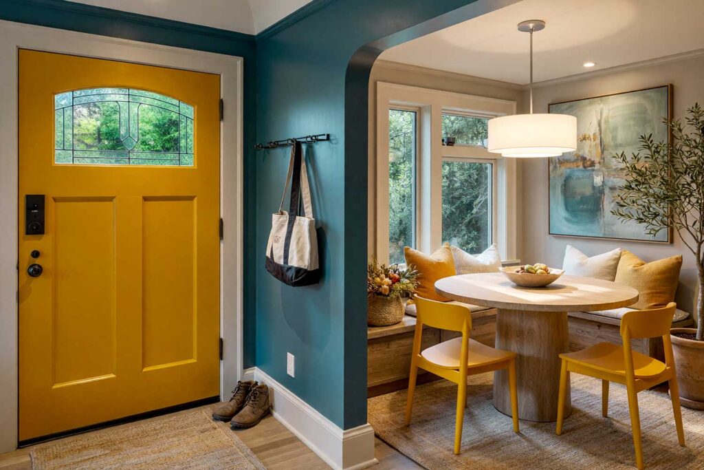 Nordic Lodge Foyer with Juniper Walls and Warm Saffron Door-7, nordic lodge foyer featuring juniper walls warm saffron door pale limestone trim and matte deep juniper ceiling in a freshly painted Scottsdale neighborhood home. rustic decor includes wooden bench cream and saffron pillows woven basket and a plush area rug illuminated by strong morning sunlight casting sharp shadows and bright highlights for a cozy and dramatic entrance, foyer paint colors, entryway paint schemes, entry hall paint colors, foyer colors, interior foyer paint colors, dramatic foyer paint colors