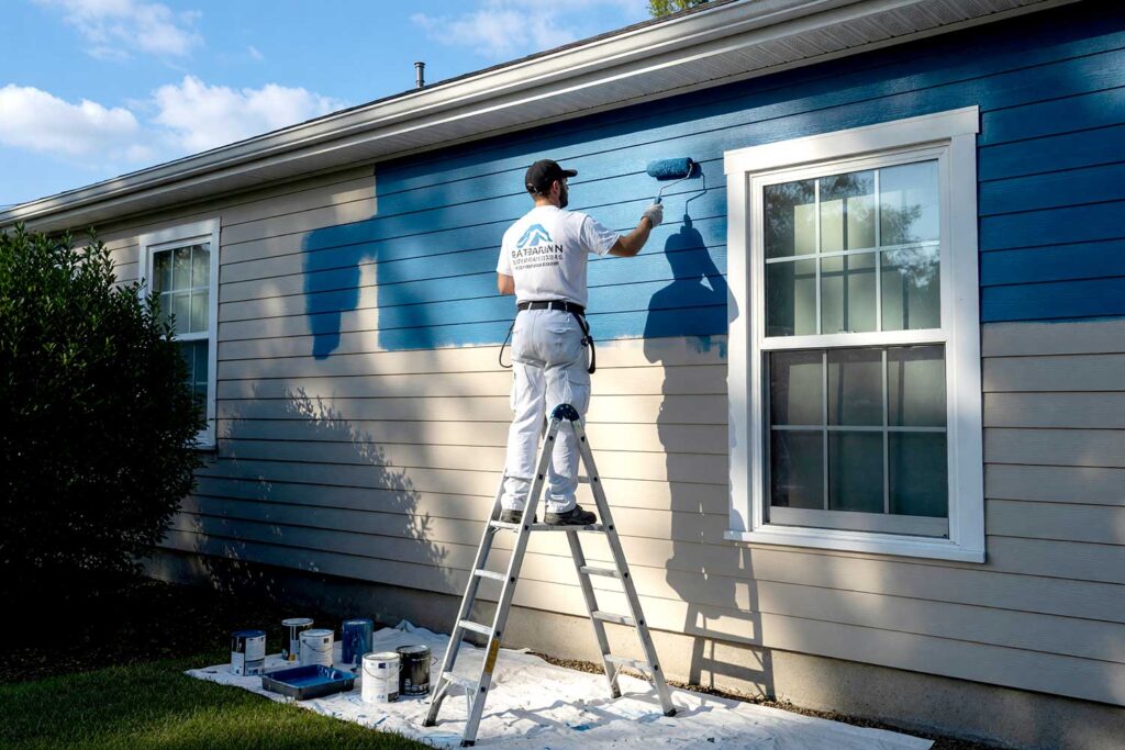 Painter Painting a House in the Shade, Painter standing on a step ladder applying blue paint with a roller to the exterior siding of a house, with unpainted and painted sections visible, surrounded by paint cans and supplies on a drop cloth.