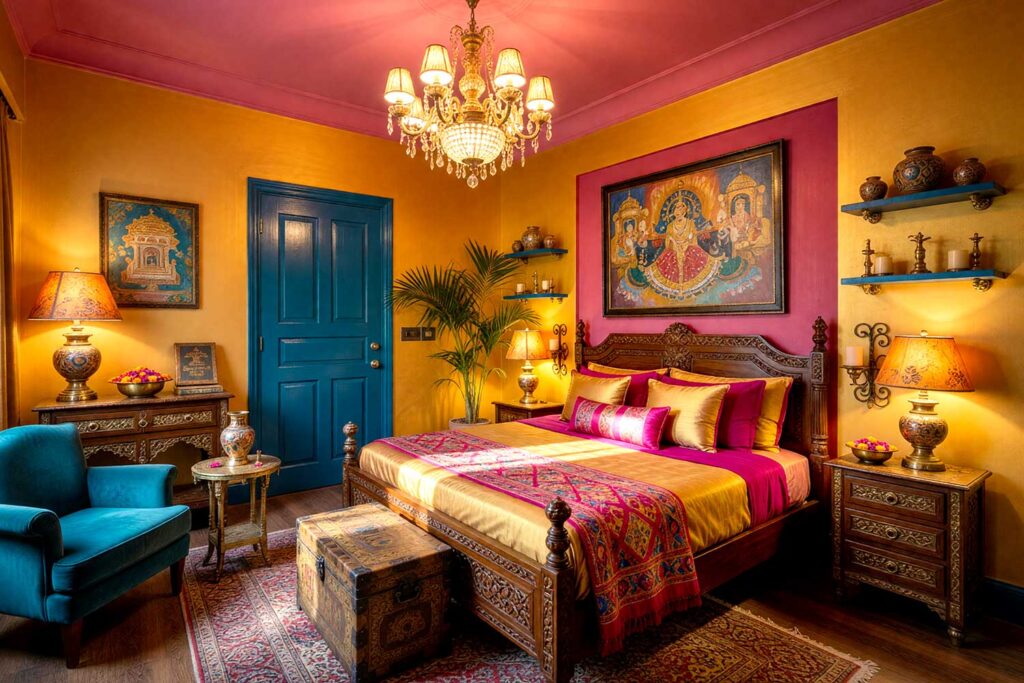 Rajasthan Palace Guest Bedroom with Turmeric Gold Walls and Magenta Accent Wall-4, bold rajasthan palace guest bedroom turmeric gold walls burnt magenta accent wall cobalt teal door deep rose pink ceiling dark hardwood flooring. A luxurious retreat in a Scottsdale neighborhood featuring a grand wooden bed dressed in rich gold and magenta bedding, a large canvas of a Rajasthan landscape, and ornate nightstands adorned with decorative lamps. The room evokes warmth and charm, blending modern amenities with traditional Indian flair, perfect for a relaxing getaway. Sunlight streams through large windows, casting dramatic shadows across the warm palette, creating an inviting atmosphere filled with energy and character.