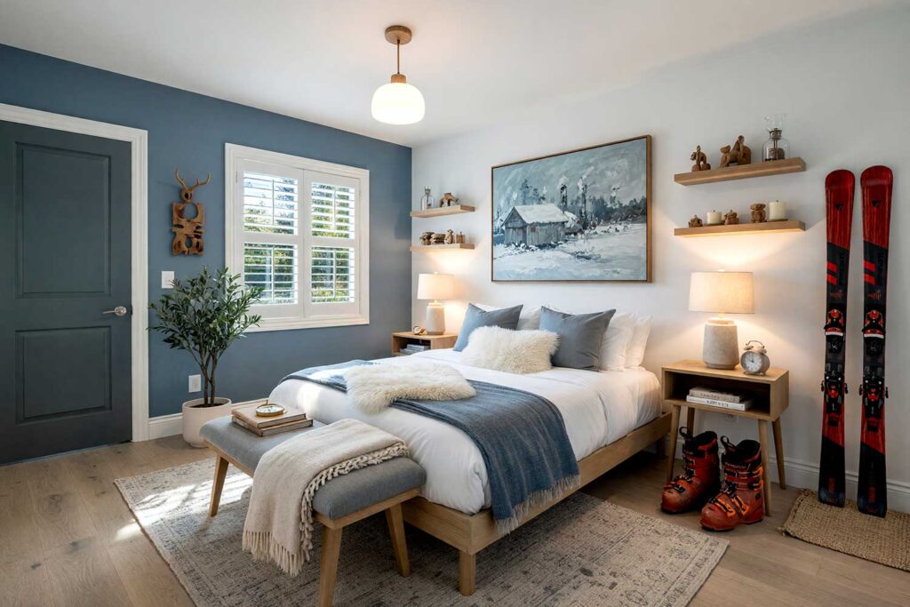 Scandinavian Ice Lodge Guest Bedroom with Steel Blue Walls and White Accent Wall-7, cool scandinavian ice lodge guest bedroom steel blue walls icy birch white accent wall slate black-green door arctic white ceiling dove gray trim light wood flooring. A minimalist Nordic retreat in a Scottsdale neighborhood featuring a light wood platform bed dressed in crisp white linens, simple wooden nightstands with ceramic lamps, floating shelves displaying Scandinavian ceramics and design books, and a low wooden bench at the foot of the bed. Weathered ski boots rest on the floor beside the nightstand while skis lean against the wall, adding authentic Nordic character. Soft morning sunlight filters through sheer curtains, creating dappled light patterns across the steel blue walls and light wood flooring. The room evokes the quiet sophistication and minimalist elegance of a boutique Norwegian lodge, creating a deeply calming sanctuary where guests feel the restorative power of Nordic design and cool, restrained beauty.