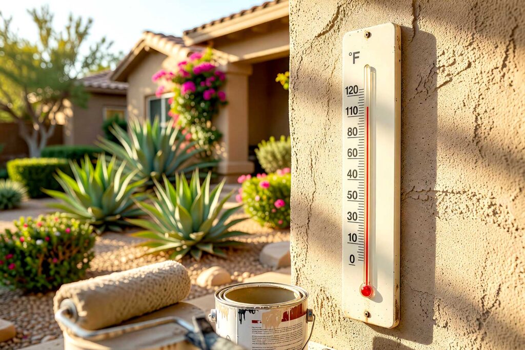 Scottsdale Backyard with Temperature Gauge at 113 Degrees, Outdoor scene with an analog thermometer mounted on a stucco wall, reading approximately 90°F, next to open cans of paint and painting tools, against a backdrop of plants and a sunny sky.
