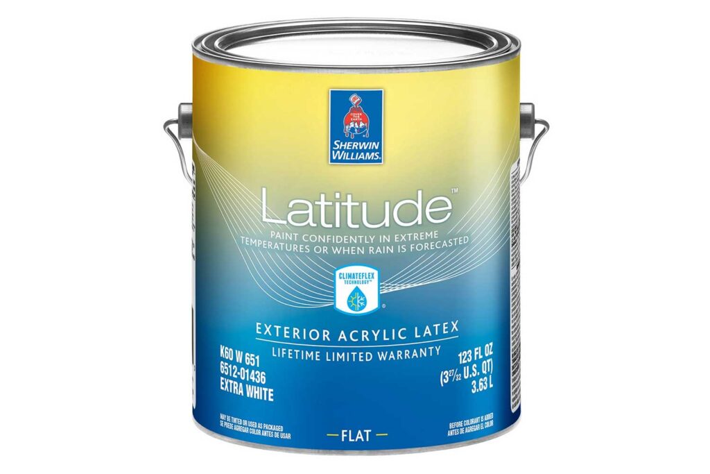 Sherwin Williams Latitude Can of Paint, A one-gallon can of Sherwin Williams Latitude Exterior Acrylic Latex paint in Extra White with flat finish, featuring ClimateFlex Technology, designed for painting in extreme temperatures or rain.
