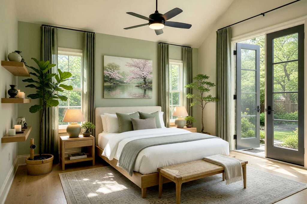 Tranquil Japanese Zen Garden Guest Bedroom with Pale Celadon Walls-8, serene japanese zen garden guest bedroom pale celadon walls ash taupe accent wall lacquered charcoal gray door warm cream ceiling bamboo flooring. A tranquil retreat in a Scottsdale neighborhood featuring a minimalist platform bed dressed in crisp white linens, floating wooden shelves displaying Japanese ceramics and sculptures, a potted fiddle-leaf fig, and a bamboo water feature. The room evokes stillness and balance with its carefully curated minimalist aesthetic, soft dappled morning light, and natural materials that create a deeply calming sanctuary for guests seeking peace and tranquility.