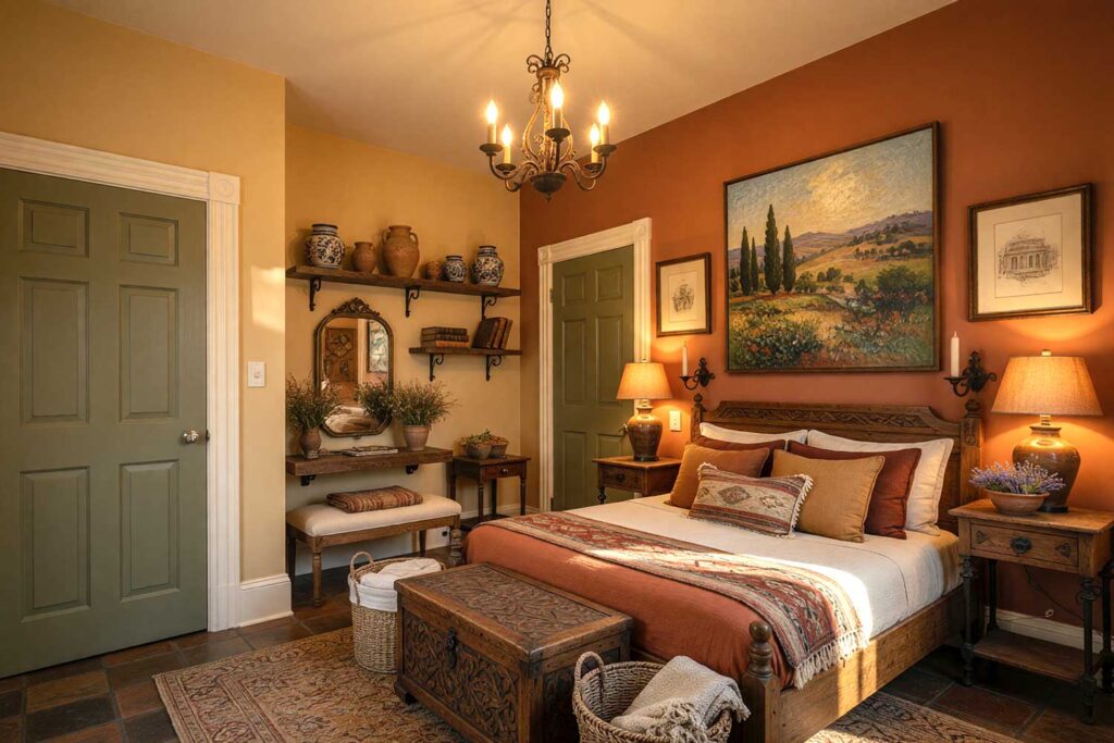 Tuscan Villa Guest Bedroom with Ochre Walls and Russet Amber Accent Wall-5, warm tuscan villa guest bedroom faded ochre walls russet amber accent wall olive drab green door warm bone ceiling terracotta tile flooring. A cozy Tuscan retreat in a Scottsdale neighborhood featuring a carved wooden bed dressed in warm earth tones, rustic wooden nightstands with ceramic lamps, a handwoven wool rug in ochre and terracotta, floating shelves displaying terracotta pottery and leather-bound books, and a wrought iron chandelier. An impressionist painting of a Tuscan landscape at golden hour hangs above the bed, while warm afternoon sunlight streams through arched windows, casting dramatic shadows across the faded ochre walls and authentic terracotta tile flooring. The room evokes the timeless warmth and rustic elegance of a traditional Italian villa, creating an intimate sanctuary where guests feel cocooned and transported to the heart of Tuscany.
