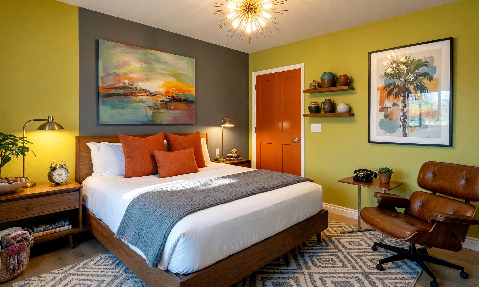 Vibrant Palm Springs Modernist Guest Bedroom with Iconic Mid-Century Décor-3-FEATURE, vibrant palm springs modernist guest bedroom chartreuse walls smoke gray accent wall burnt orange door mid-century modern décor light oak flooring strong natural light casting angular shadows, guest bedroom paint colors, bedroom paint palette, guest room color palette, guest bedroom paint idea, guest bedroom paint ideas, guest room color idea, interior bedroom paint palette, guest room paint scheme, bedroom color scheme, guest suite paint colors, room paint ideas for guests, bedroom color inspiration