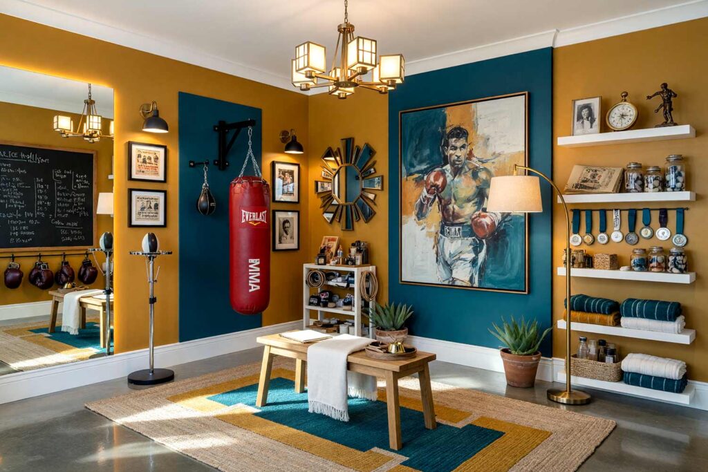 Art Deco Boxing Spectacle with Mustard Gold Walls Deep Teal Accent and White Trim-5, art deco home gym paint colors mustard gold walls deep teal accent wall bright white trim polished concrete flooring boxing heavy bag scottsdale. A glamorous Art Deco boxing sanctuary in a Scottsdale neighborhood featuring a Century Wavemaster freestanding heavy bag positioned against a dramatic deep teal accent wall, surrounded by rich mustard gold walls that radiate old-world theatrical energy. Curated Art Deco décor includes a geometric sunburst mirror, vintage boxing tickets and fight posters, a speed bag stand with sleek chrome-free design, and a faint leather scent rising from vintage-style boxing gloves. Floating shelves display brass compasses, boxing achievement medals, and hand wrap collections, while a vintage Art Deco chandelier casts warm amber light throughout the space. Polished concrete flooring and bright white trim frame the room with precision, while dramatic natural light and warm amber glow create dynamic shadows and highlights. Every round feels like a performance—a luxurious, focused training environment where 1920s supper club glamour meets serious boxing athleticism. home gym paint colors, gym paint colors, workout room color, home gym color palette, home gym color scheme, workout space paint colors, exercise room paint colors