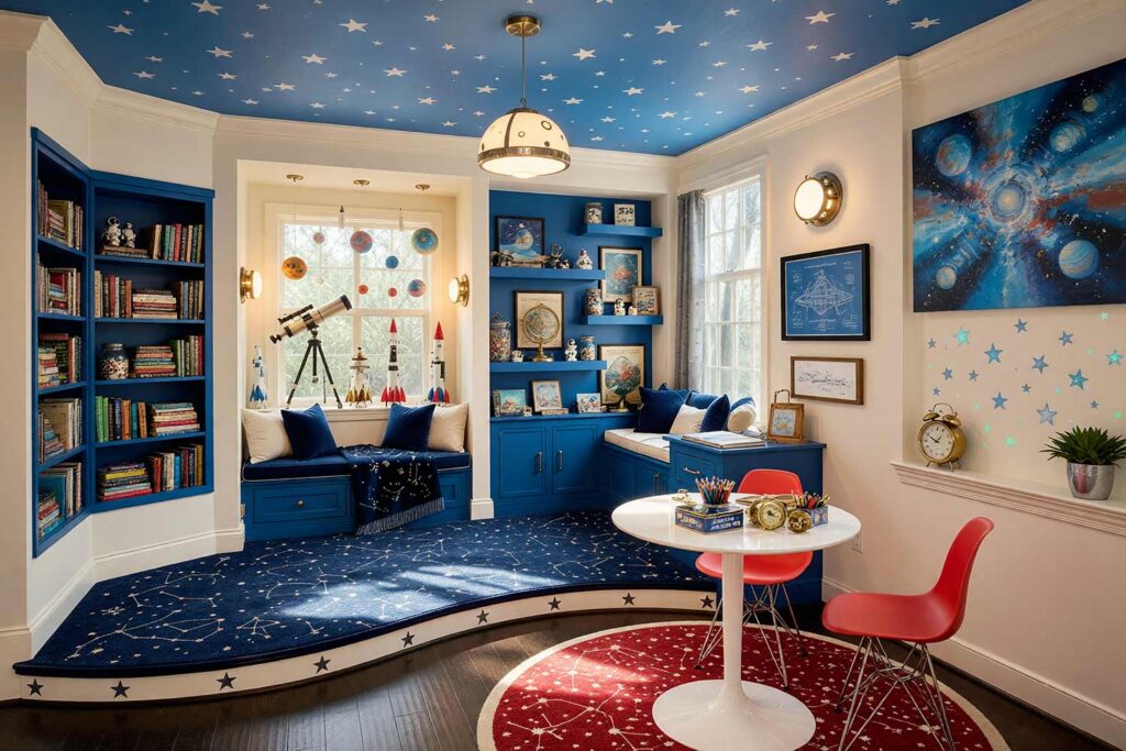 Astronaut Kids Observation Deck with Warm Ivory Walls Sky Cerulean Shelving and Starry Ceiling-3, astronaut playroom warm ivory walls sky cerulean shelving painted star ceiling cosmic playroom paint colors. An imaginative retreat in a Scottsdale neighborhood featuring a low-profile platform bed layered with midnight blue bedding, sky cerulean built-in shelves displaying a working telescope and hanging foam planets, and a cozy reading nook with navy velvet cushions. The ceiling is painted in sky cerulean with hand-painted white stars, creating an immersive cosmic atmosphere. A large abstract painting of swirling galaxies hangs above the bed, while glow-in-the-dark star decals and constellation patterns on the rug complete the theme. Afternoon sunlight casts dramatic shadows across the space, making this playroom the perfect launchpad for young explorers and dreamers. playroom paint colors, color palette for playroom, kids room color scheme, playroom color palette, playroom color combinations, paint colors for playrooms, kids playroom color ideas, playroom color schemes