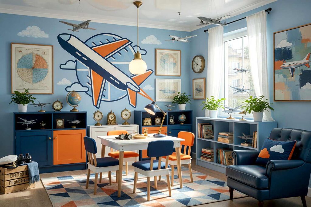 Aviation Adventure Playroom with Pastel Blue Walls Navy Tangerine White Airplane Accent Wall-13, aviation adventure playroom pastel blue walls navy tangerine white accent wall cloud white ceiling playroom paint colors. A serene aviation-themed playroom in a Scottsdale neighborhood featuring pastel blue walls with a bold navy tangerine and white airplane graphic accent wall. The cloud white ceiling and trim frame the space crisply. Model airplanes hang from the ceiling, while built-in pastel blue shelves display aviation books and vintage instruments. A geometric rug and navy leather armchair create a cozy reading nook. Morning sunlight highlights the vibrant mural and rich textures, inspiring young adventurers to dream of soaring through the skies. playroom color inspiration, best colors for a playroom, playroom wall colors, children's playroom paint ideas, kids' room paint palette, playroom decorating colors, color ideas for kids' playrooms