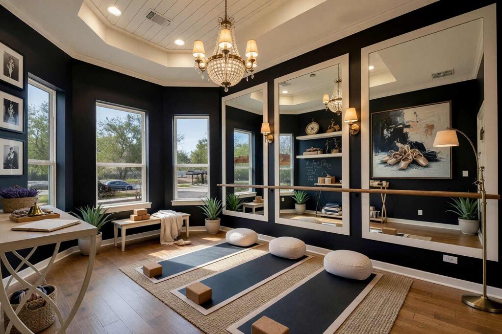 Ballet Barre Studio with Deep Obsidian Walls and Pale Champagne Trim-8, classical ballet barre home gym paint colors deep obsidian black walls pale champagne accent wall pale champagne trim polished hardwood flooring scottsdale. A sophisticated classical ballet barre studio in a Scottsdale neighborhood featuring a continuous wooden ballet barre painted in soft matching cream positioned against deep obsidian walls, with a pale champagne accent wall behind the mirror maximizing light for visible muscle adjustments. Curated classical ballet décor includes a wall-mounted sprung oak ballet barre, cork yoga blocks, rolled organic cotton bolsters, a woven lavender basket holding resistance bands, framed black-and-white photographs of legendary ballet dancers, and a rosin and fresh linen-scented diffuser evoking authentic ballet studio atmosphere. Pale champagne ceiling and trim create striking visual continuity while amplifying brightness and airiness, while polished hardwood flooring grounds the space in classical ballet authenticity. Dramatic natural light and warm crystal chandelier fixtures create dynamic shadows and highlights, transforming the gym into a premium ballet studio where every plié is a performance and every movement celebrates classical grace and modern elegance. fitness room paint colors, yoga studio paint colors, home fitness room color scheme, workout room paint ideas, gym wall colors