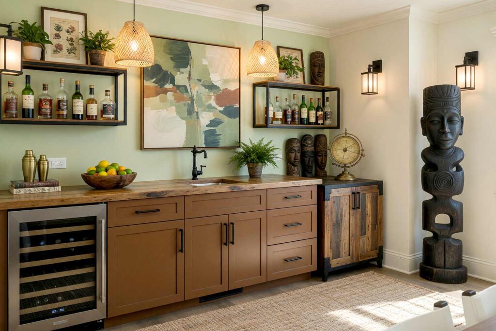 Biophilic Home Bar with Pale Pistachio Walls and Umber-Painted Cabinets-1, biophilic tropical modernist home bar pale pistachio walls umber cabinets soft white ceiling warm cream trim. A curated home bar in a Scottsdale neighborhood featuring warm umber cabinetry, tropical foliage-inspired artwork, and African masks. Décor includes woven bamboo pendant lights, botanical books, and a reclaimed wood countertop. Dramatic natural and artificial light highlights the fresh, grounded palette and biophilic textures of this tropical-inspired space. bar cabinet paint colors, home bar color palette, wine nook paint colors, built-in bar paint scheme, bar area color combinations