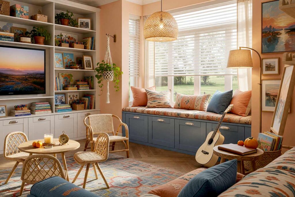 Bohemian Playroom with Apricot Walls Slate Blue Window Seat-2, bohemian playroom apricot walls slate blue window seat driftwood white trim soft white ceiling playroom paint colors. A cozy bohemian playroom in a Scottsdale neighborhood featuring warm apricot walls paired with a slate blue built-in window seat toybox layered with patterned pillows and plush cushions. The soft white ceiling and driftwood white trim frame the space naturally. A woven rattan pendant light and brass floor lamp illuminate a kilim rug and artisan pottery on floating shelves. A macramé plant hanger and woven basket filled with picture books complete the globally inspired, layered look. Late afternoon sunlight casts dramatic shadows, making this playroom a perfect nook for quiet wonder and imaginative play. playroom paint colors, color palette for playroom, kids room color scheme, playroom color palette, playroom color combinations, paint colors for playrooms, kids playroom color ideas, playroom color schemes