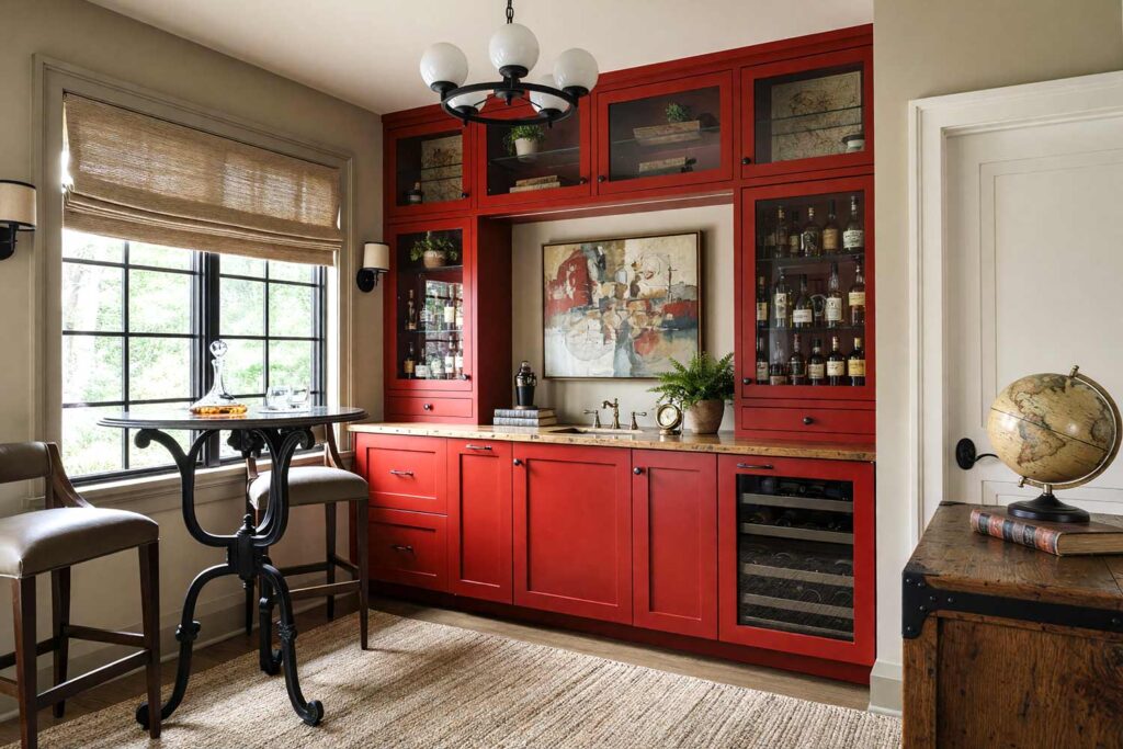 Bold Home Bar with Universal Khaki Walls Cherry Red Cabinets and Taupe Baseboards-3, bold coastal hamptons home bar universal khaki walls cherry red cabinets soft ivory ceiling warm taupe baseboards. A vibrant home bar in a Scottsdale neighborhood featuring cherry red cabinetry, black metal hardware, and reclaimed wood accents. Décor includes vintage maps, a bold abstract coastal navigation artwork, and woven jute rugs. Dramatic natural and artificial light highlights the confident palette and coastal-inspired textures of this Hamptons-style space. bar cabinet paint colors, home bar color palette, wine nook paint colors, built-in bar paint scheme, bar area color combinations