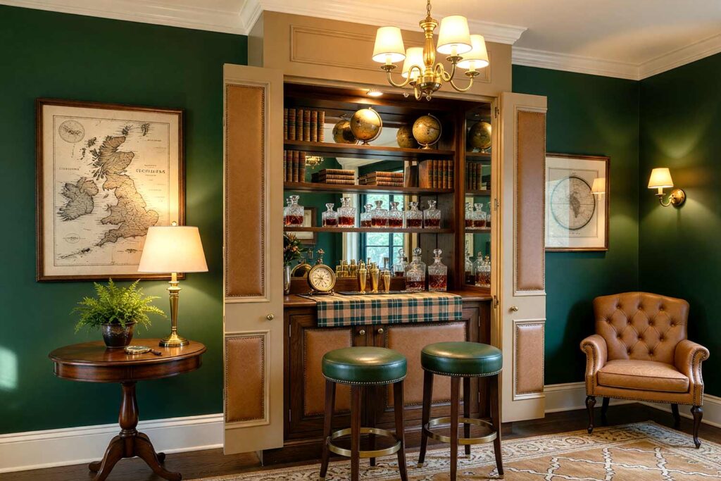 British Countryside Home Bar Closet with Bottle Green Walls and Camel Cabinet-2, sophisticated british countryside home bar bottle green walls warm camel cabinetry parchment ceiling ivory trim. A timeless home bar in a Scottsdale neighborhood featuring a dark wood bar with camel leather paneling, bottle green leather stools, and vintage globes. Décor includes leather-bound books, cut-crystal decanters, and a brass chandelier. Dramatic natural and artificial light highlights the rich textures and classic palette of this British countryside-inspired space. home bar paint colors, house paint colors, paint color inspiration, bar nook colors, wet bar paint colors, cocktail nook color palette, entertainment nook paint scheme