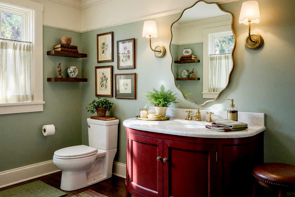 British Countryside Powder Room with Sage Green Walls Oxblood Cabinet and Soft Cream Trim-2, british countryside estate powder room sage green walls oxblood cabinet soft cream trim botanical prints brass lighting. A sophisticated powder room in a Scottsdale neighborhood featuring calming sage green walls paired with a rich oxblood vanity and soft cream trim. Botanical gallery art, leather accents, and brass lighting evoke English garden charm and countryside elegance. Dynamic lighting highlights the rich textures and timeless atmosphere. powder room design ideas, half bath color ideas, powder room decorating ideas, small bath paint colors, powder room wall color ideas, bold bathroom paint ideas, powder room makeover ideas, powder room paint inspiration
