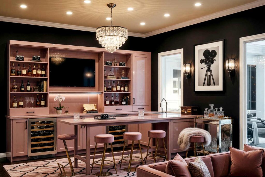 Cinematic Home Bar with Soft Black Walls and Dusty Rose Cabinets-1, glamorous cinematic home bar soft black walls dusty rose cabinets champagne beige ceiling bright white trim. A sophisticated home bar in a Scottsdale neighborhood featuring dusty rose lacquered cabinetry, soft black walls, and a crystal chandelier. Décor includes vintage film camera photography, a mirrored bar cart, and a faux fur throw. Dramatic lighting highlights the luxurious textures and cinematic ambiance of this Old Hollywood-inspired space. bar cabinet paint colors, home bar color palette, wine nook paint colors, built-in bar paint scheme, bar area color combinations
