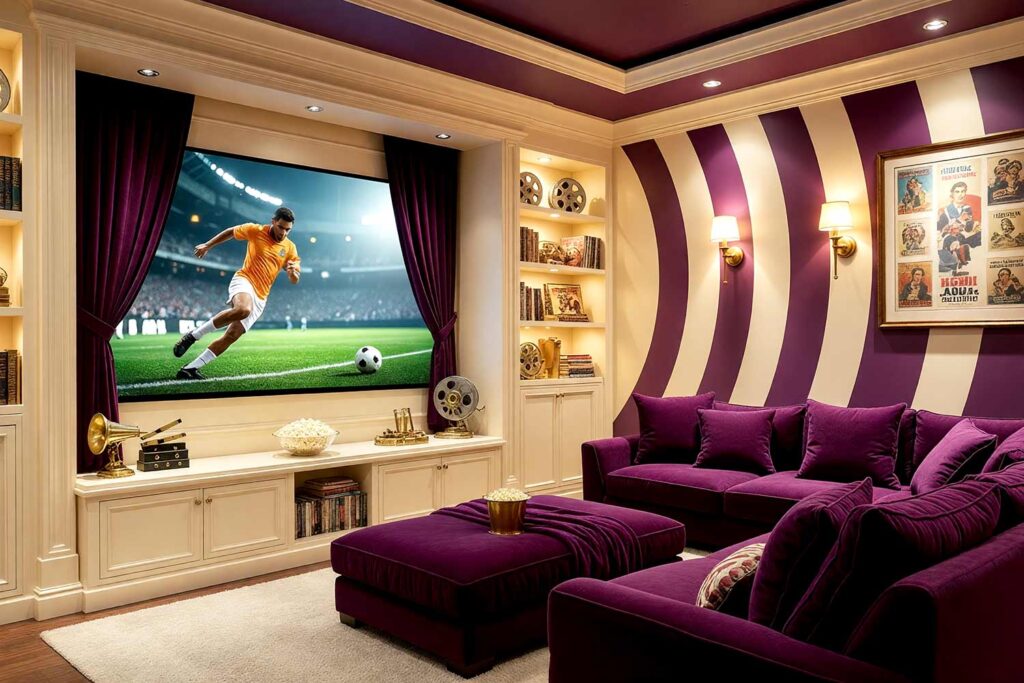 Cinematic Home Theater with Deep Plum and Champagne Striped Accent Wall-7, cinematic home theater deep plum champagne striped accent wall champagne walls deep plum ceiling pale champagne trim. A luxurious Scottsdale neighborhood home theater featuring deep plum velvet seating, champagne entertainment cabinets, and vintage film decor. The thick curving stripes create a dramatic backdrop, while warm golden lighting and plush velvet curtains set a cozy, immersive mood perfect for movie nights. bold striped wall paint, two-color striped walls, painting a striped wall, vertical striped wall paint, horizontal striped wall paint, multicolor wall stripes, custom painted stripes