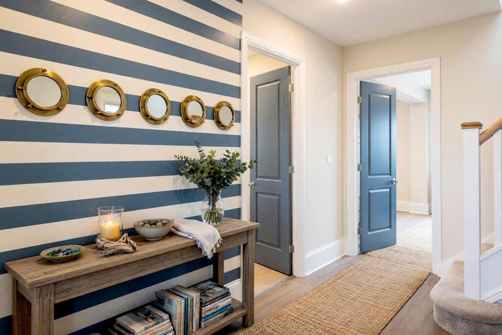 Coastal Nautical Hallway with Slate Blue and Buttercream Striped Accent Wall-1, coastal nautical hallway slate blue buttercream striped accent wall buttercream walls bright white ceiling trim slate blue doors. A fresh Scottsdale neighborhood hallway featuring slate blue and buttercream horizontal stripes, brass porthole mirrors, a woven rope runner, and a driftwood console table. The salty citrus-scented breeze and natural textures create a calming coastal atmosphere where the horizontal stripes visually expand the space, making arrival feel like a serene destination. bold striped wall paint, two-color striped walls, painting a striped wall, vertical striped wall paint, horizontal striped wall paint, multicolor wall stripes, custom painted stripes