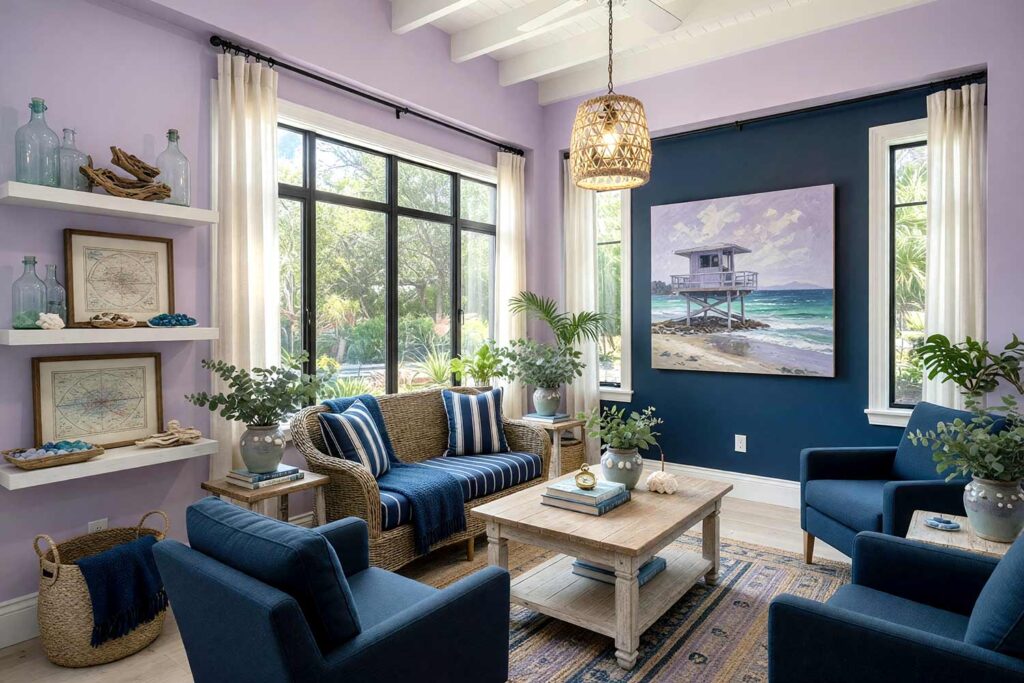 Coastal Sunroom with Lavender Walls and Navy Accent Wall and White Trim-2, coastal hamptons cool sunroom dusty lavender walls deep navy accent wall soft white trim whitewashed wood floors scottsdale neighborhood. A fresh sunroom in a Scottsdale neighborhood featuring dusty lavender walls and ceiling with a deep navy accent wall. The space includes a wicker settee with deep navy striped cushions, a rope-wrapped lantern pendant light, and curated coastal décor. Bright afternoon sunlight creates dramatic shadows and highlights, evoking the crisp salt-air clarity of a Hamptons-inspired coastal retreat. sunroom paint palette, arizona room paint palette, sunroom wall colors, sunroom paint inspiration, desert sunroom color ideas, arizona room decor colors, sun porch paint colors