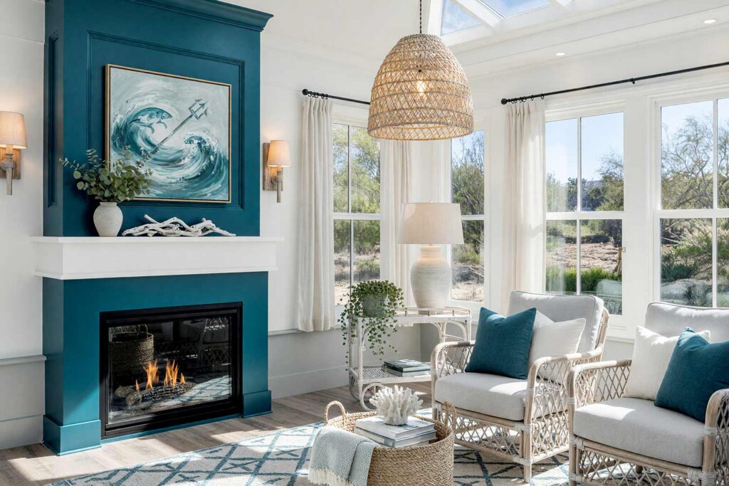 Coastal Sunroom with White Walls and Teal Accent Wall and Gray Lower-1, coastal escape sunroom soft white walls deep teal accent wall pale gray trim whitewashed driftwood floors scottsdale neighborhood. A bright sunroom in a Scottsdale neighborhood featuring soft white walls and ceiling with a deep teal accent wall. The space includes a pale gray linen sofa, a whitewashed rattan armchair, and a woven seagrass pendant light. Bright afternoon sunlight creates dramatic shadows and highlights, evoking a cool and serene coastal retreat perfect for desert living. sunroom paint palette, arizona room paint palette, sunroom wall colors, sunroom paint inspiration, desert sunroom color ideas, arizona room decor colors, sun porch paint colors