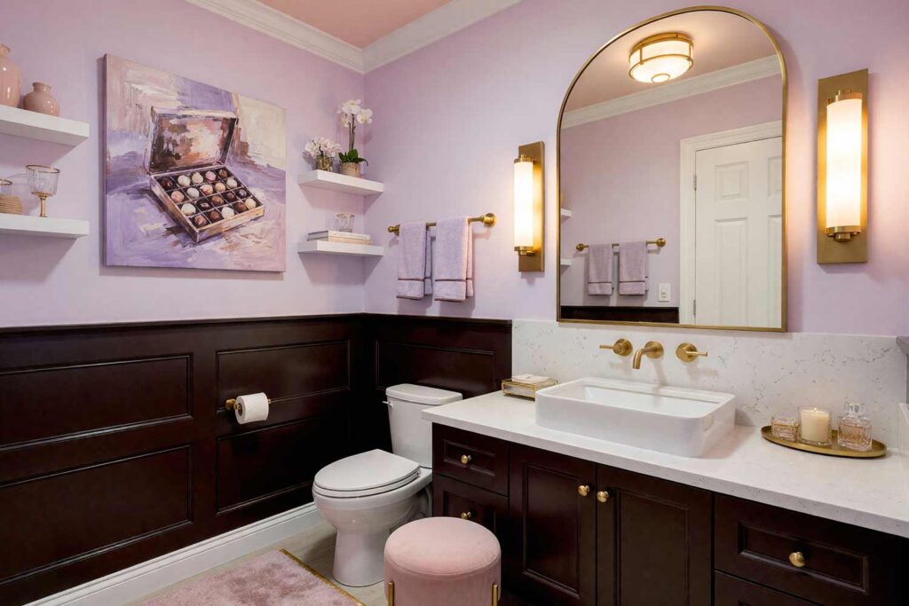 Contemporary Boutique Powder Room with Soft Lilac Walls and Chocolate Cabinet and Pink Ceiling-4, contemporary boutique powder room soft lilac walls deep chocolate cabinet blush pink ceiling bright white trim brushed brass lighting. A luxurious powder room in a Scottsdale neighborhood featuring soft lilac walls paired with a deep chocolate curved vanity and blush pink ceiling. Brushed brass lighting, a curved vanity mirror, and plush textiles create a refined boutique hotel atmosphere. Dynamic lighting highlights the elegant colors and textures, making this powder room feel sophisticated and inviting. powder room design ideas, half bath color ideas, powder room decorating ideas, small bath paint colors, powder room wall color ideas, bold bathroom paint ideas, powder room makeover ideas, powder room paint inspiration