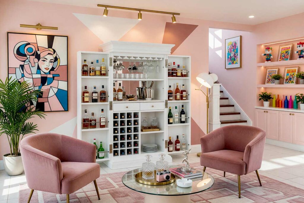 Contemporary Home Bar Cabinet with Blush Pink Geometric Mural and Warm White Cabinets-3, chic contemporary home bar blush pink geometric mural warm white cabinets soft white trim pale blush ceiling. A stylish home bar in a Scottsdale neighborhood featuring a bold geometric mural, warm white cabinetry, and blush leather stools. Décor includes cubist pop art, vintage comic books, and brass-accented lighting. Dramatic natural and artificial light create a dynamic, inviting atmosphere perfect for entertaining. home bar paint colors, house paint colors, paint color inspiration, bar nook colors, wet bar paint colors, cocktail nook color palette, entertainment nook paint scheme