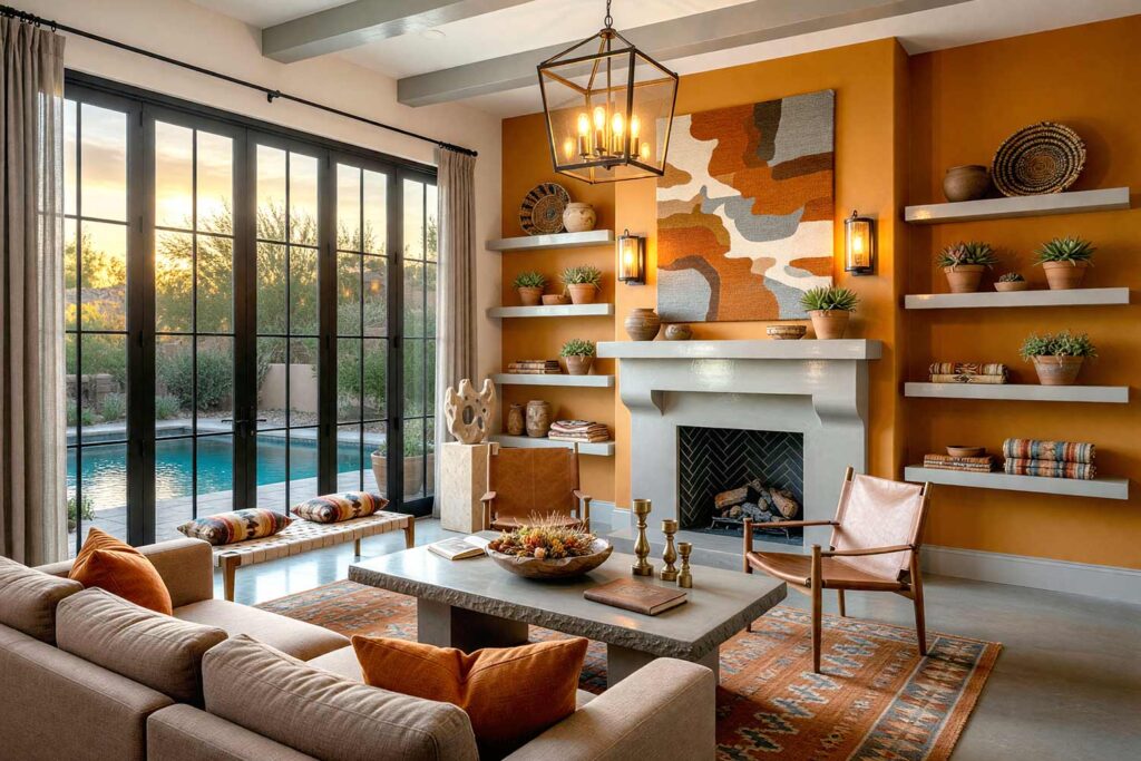 Contemporary Southwestern Sunroom with Warm Stone Gray Walls Deep Marigold Accent Wall-6, contemporary southwestern sunroom warm stone gray walls deep marigold accent wall polished concrete floors desert style scottsdale neighborhood. A bold sunroom in a Scottsdale neighborhood featuring cool warm stone gray walls and ceiling with a deep marigold accent wall showcasing a woven tapestry and abstract ceramic sculpture. The polished concrete floors and wrought iron chandelier add modern edge while the curated southwestern pottery and textiles create a warm inviting atmosphere. Late afternoon sunlight enhances the dramatic desert-inspired palette. sunroom paint colors, arizona room color scheme, sunroom color scheme, sunroom color palette, sunroom colors, arizona room paint colors, arizona room paint scheme, sunroom paint ideas