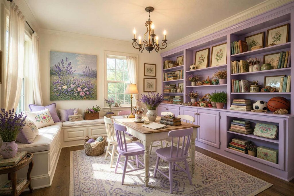 Cottagecore Playroom with Buttermilk Walls and Lavender Bookshelves-3, romantic cottagecore playroom buttermilk walls lavender bookshelves soft white ceiling buttermilk trim playroom paint colors. A dreamy cottagecore playroom in a Scottsdale neighborhood featuring soft buttermilk walls paired with built-in lavender bookshelves filled with craft books and vintage ceramics. The soft white ceiling and buttermilk trim frame the space warmly. A vintage wooden craft table with mismatched chairs, a cozy window seat layered with lavender and cream pillows, and botanical art create a serene, inviting atmosphere. Afternoon sunlight filters through fluttering linen curtains, casting delicate shadows and highlighting the faint scent of dried lavender, making this playroom a perfect nook for quiet creativity and small, dreamy adventures. playroom color inspiration, best colors for a playroom, playroom wall colors, children's playroom paint ideas, kids' room paint palette, playroom decorating colors, color ideas for kids' playrooms